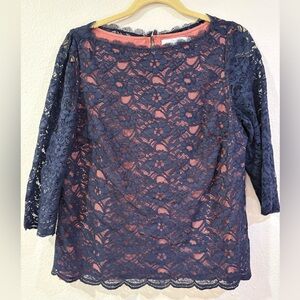 Beautiful BODEN 14 Navy Blue Dusty Rose Sheer Lace Top Shirt Large XL
